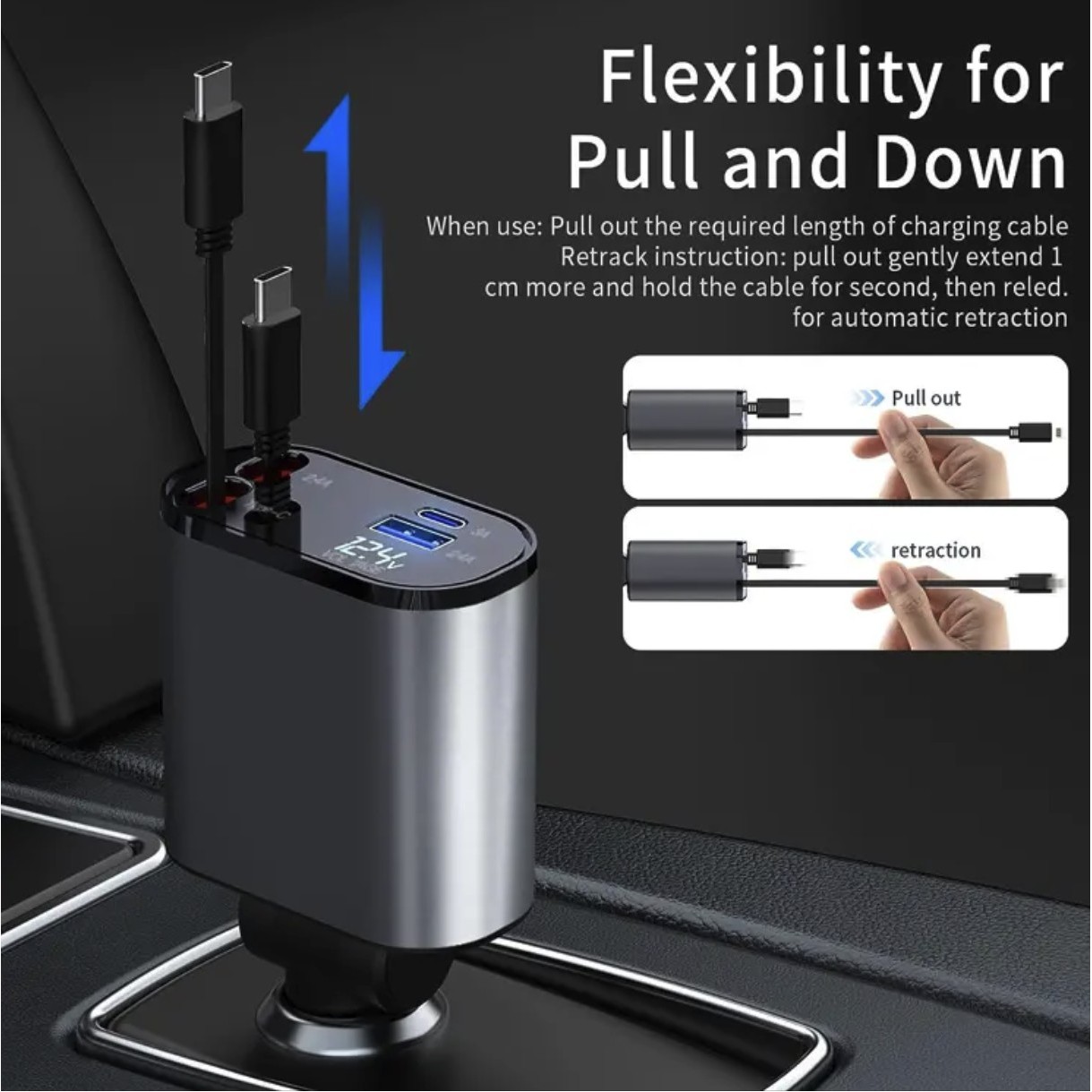 Autolader Retractable Cables Mobil 4 in 1 Car Charger 1