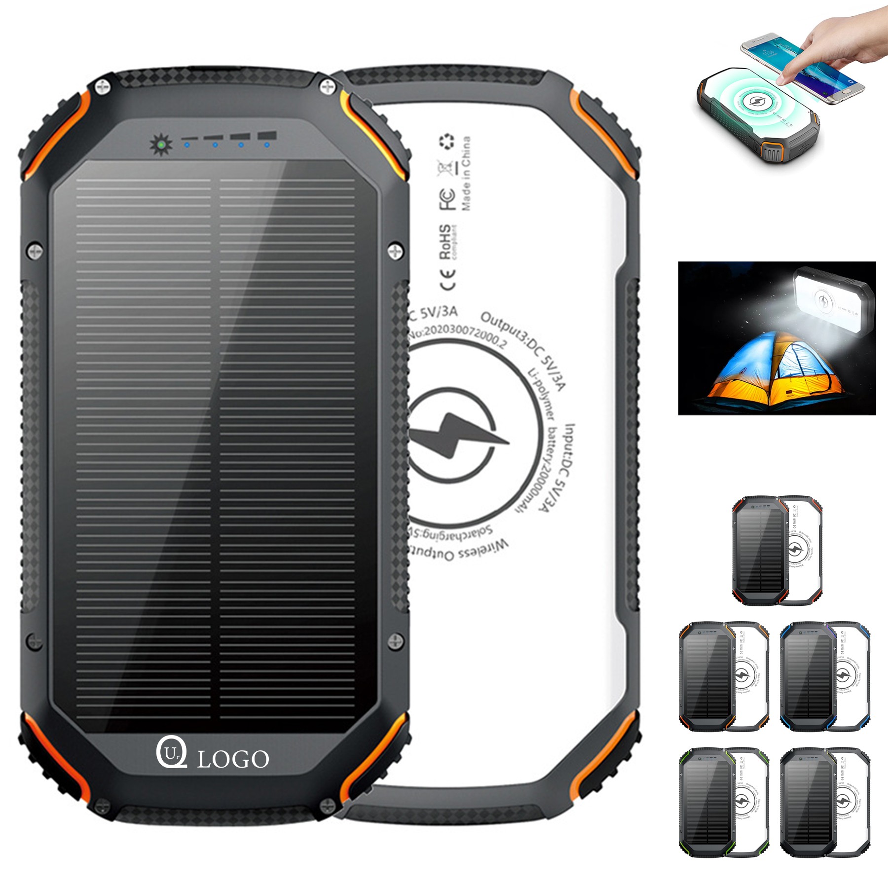 Wireless Charging 3-Output Solar Power Bank Flashlight