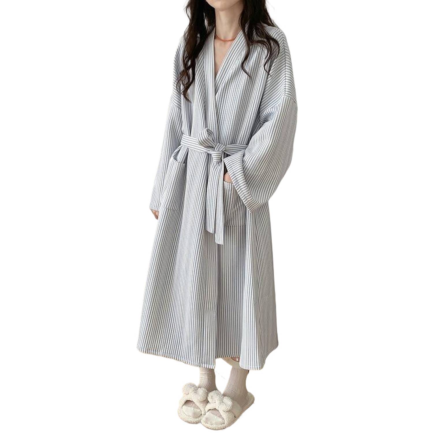 Women Winter Thermal Striped Bathrobe Loungewear 4