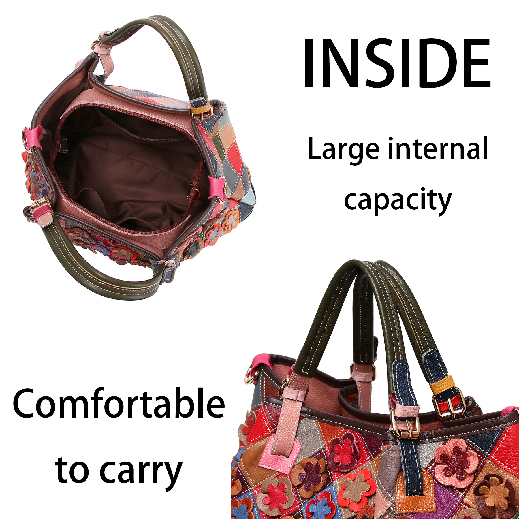 Genuine Leather Colorful flowers hand-paneled plaid tote bag 3