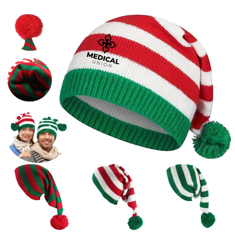 Elf Santa Beanies Christmas Knitted Hats Stripes Pompom Caps 1