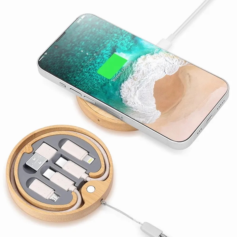 Round Bamboo Multi-Charging cable set Wireless Charger 2