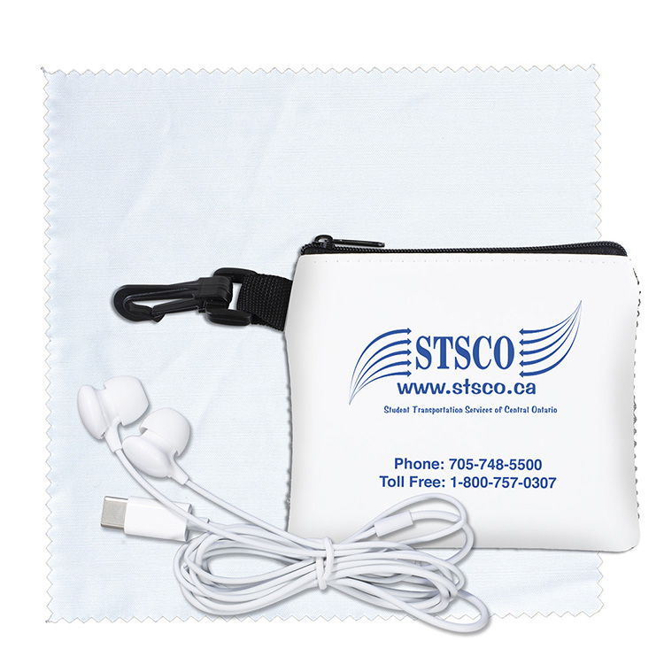 “TechMesh Tunes” Mobile Tech Earbud Kit in Mesh Zipper Pouch Components inserted into Zipper Pouch 2
