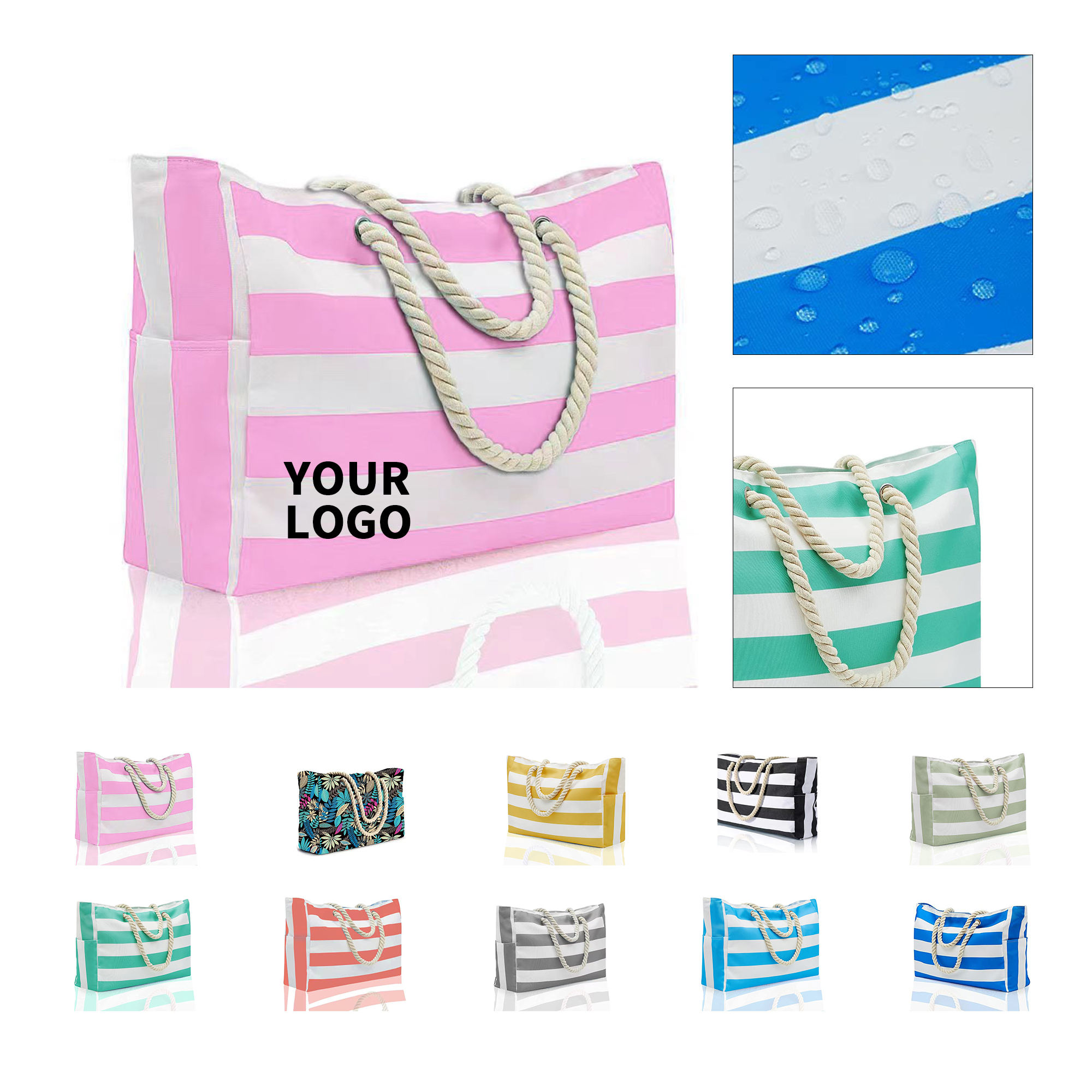 Striped Canvas Waterproof Rope Handle Travel Tote 4
