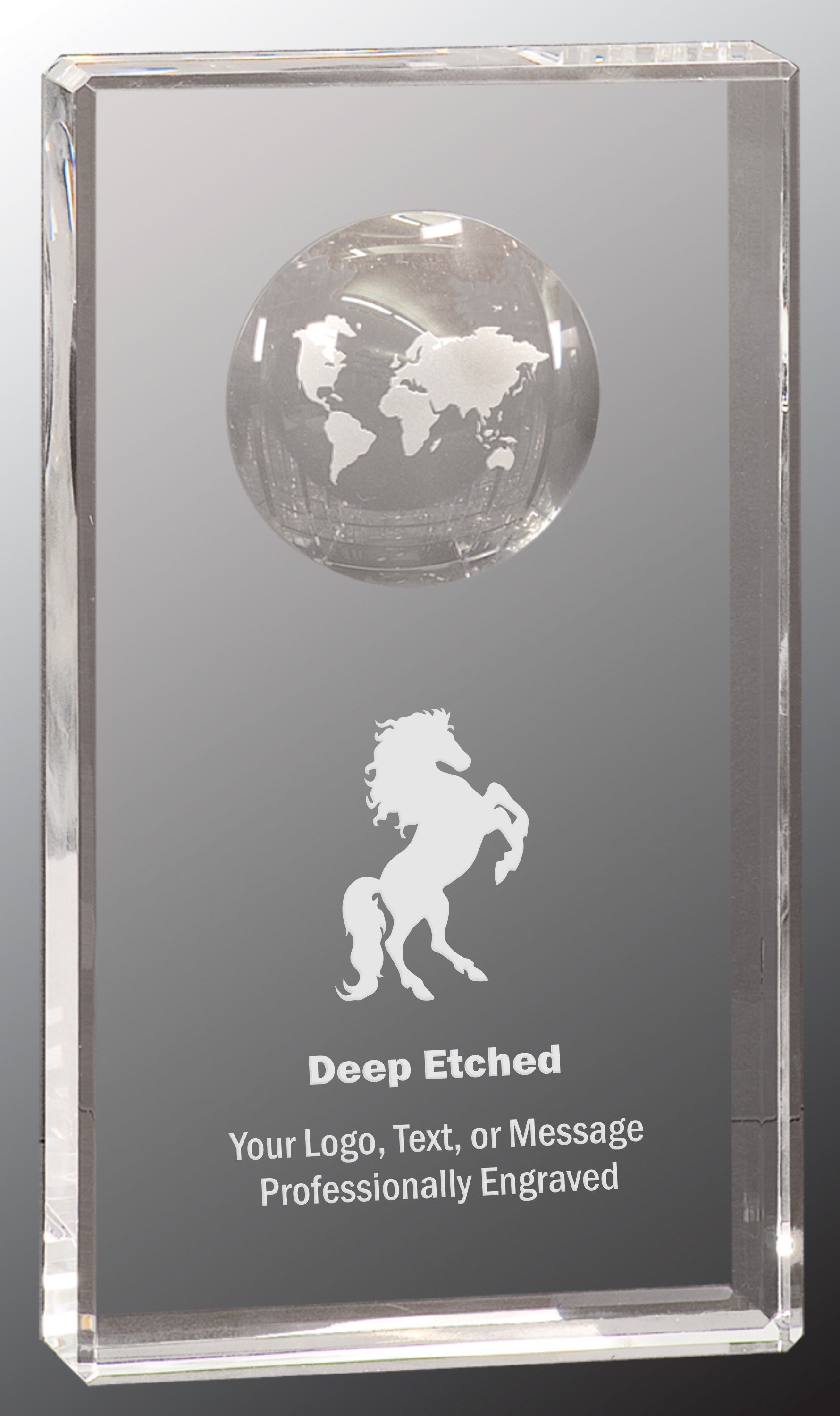 8" Clear Crystal Rectangle Award with Globe Etching