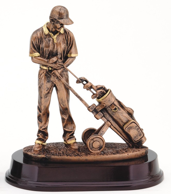 Golfer & Trolley - Bronze Series Golf Resin, 9" 2