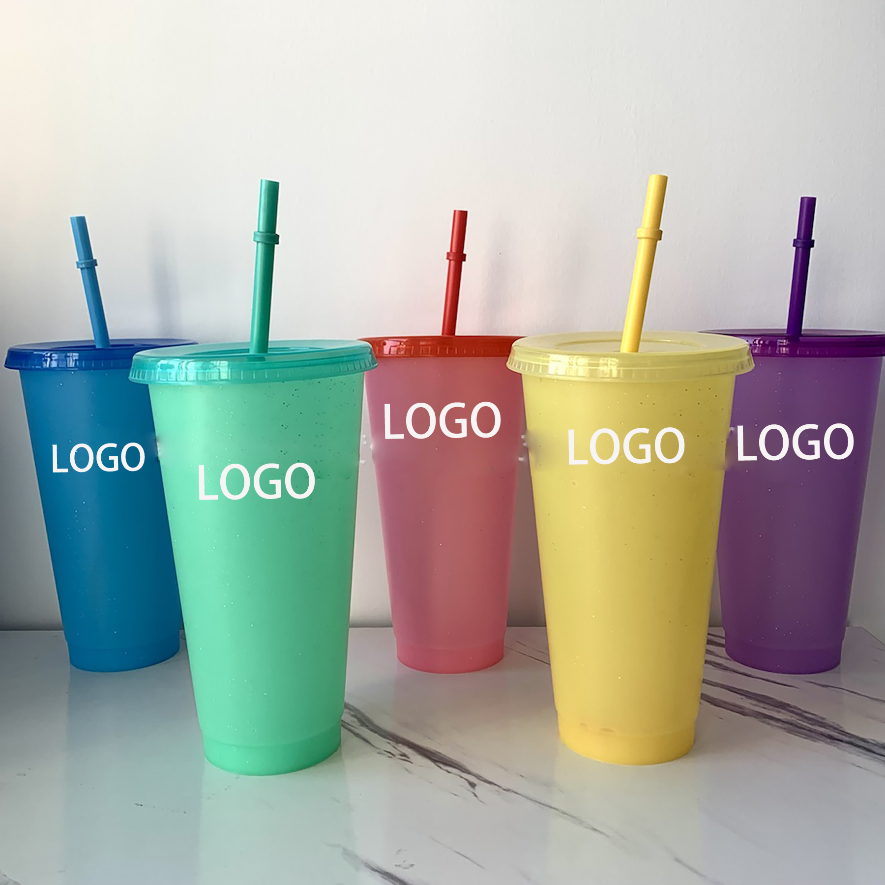 24 OZ Glitter Reusable Color Changing Cups w/ Lids & Straws in Cold Water 13
