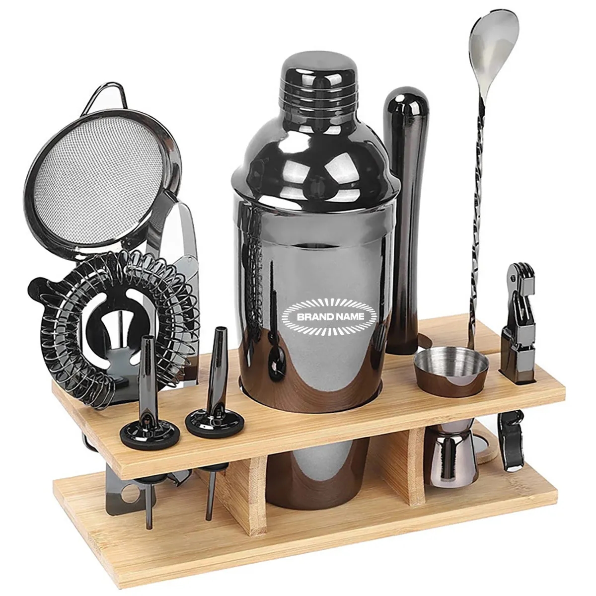 11pcs Cocktail Bartender Shaker Set with Bamboo Stand 2