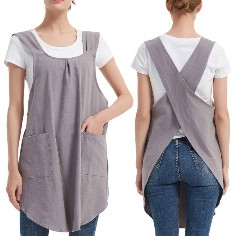 Linen Cotton Apron Cross-Back Straps Dual Pockets 9