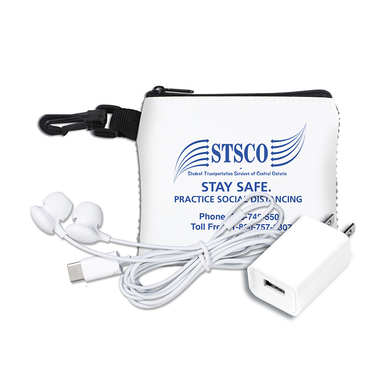 “TechMesh Charge” Mobile Tech Earbud and Charger Kit in Mesh Zipper Pouch Components inserted into Z 10