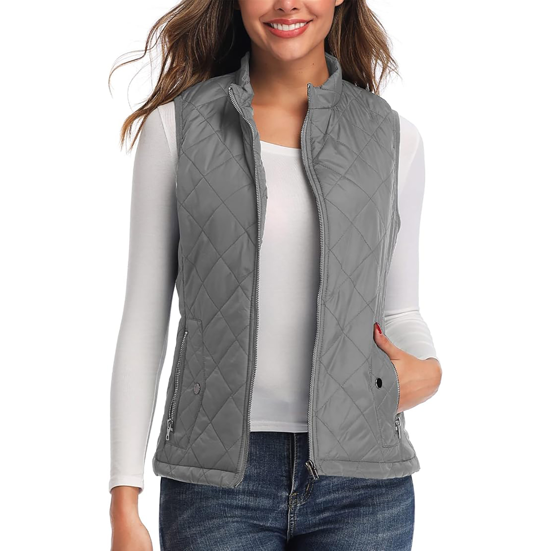 Women's Stand Collar Lightweight Zipper Quilted Vest 10