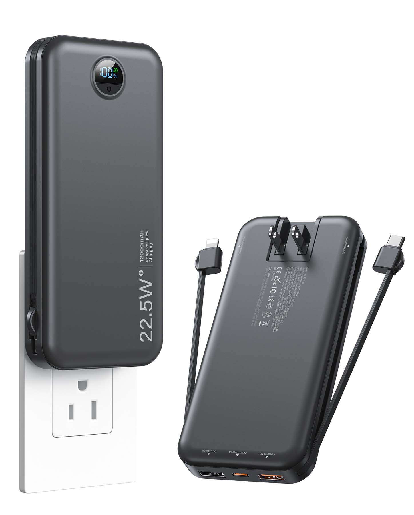High-Capacity 3-in-1 Portable Power Bank with Built-in Cable and AC Plug 2