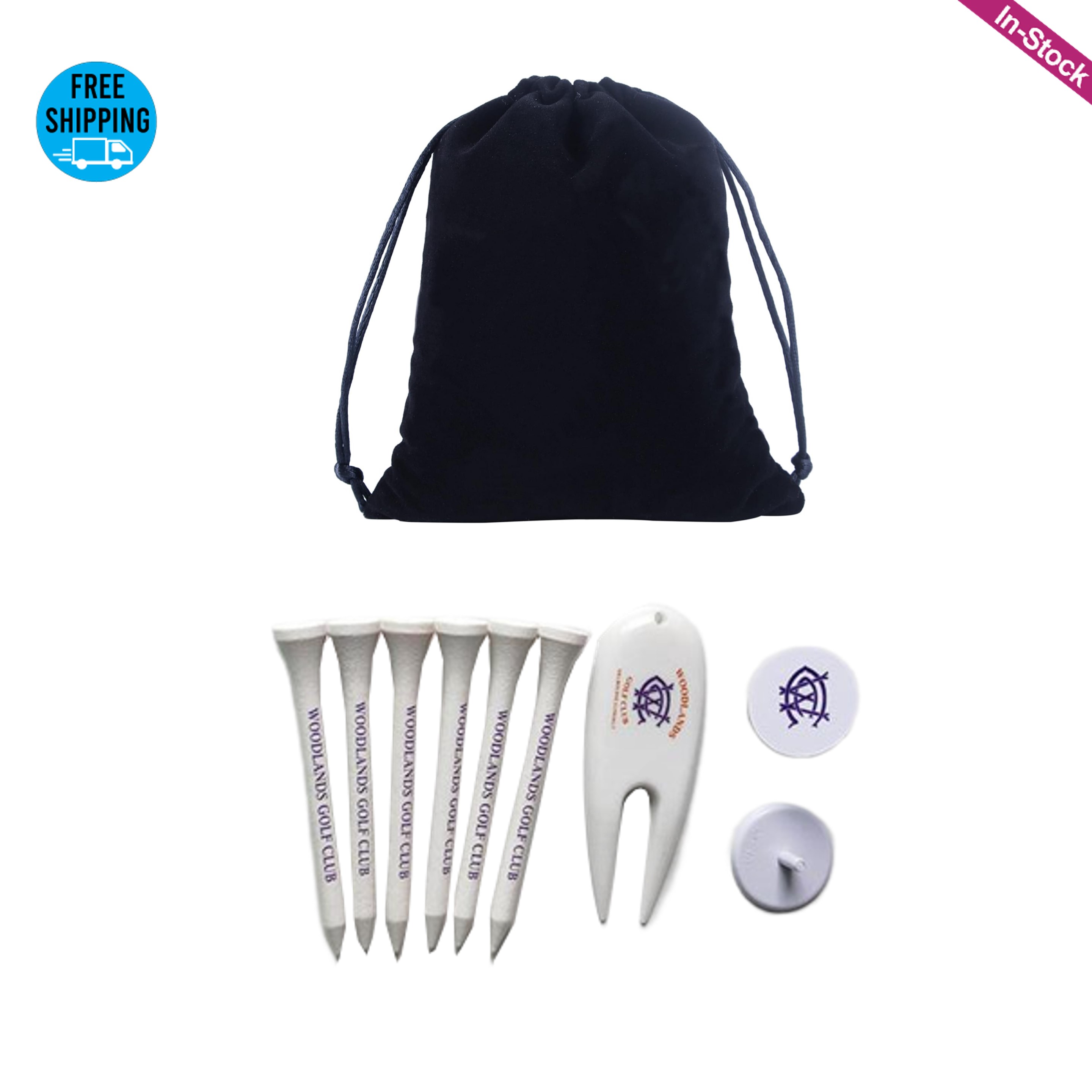 Golf Pack of 6 Tees, 2 Ball Markers, 1 Divot Tool in Velvet Drawstring Pouch 1