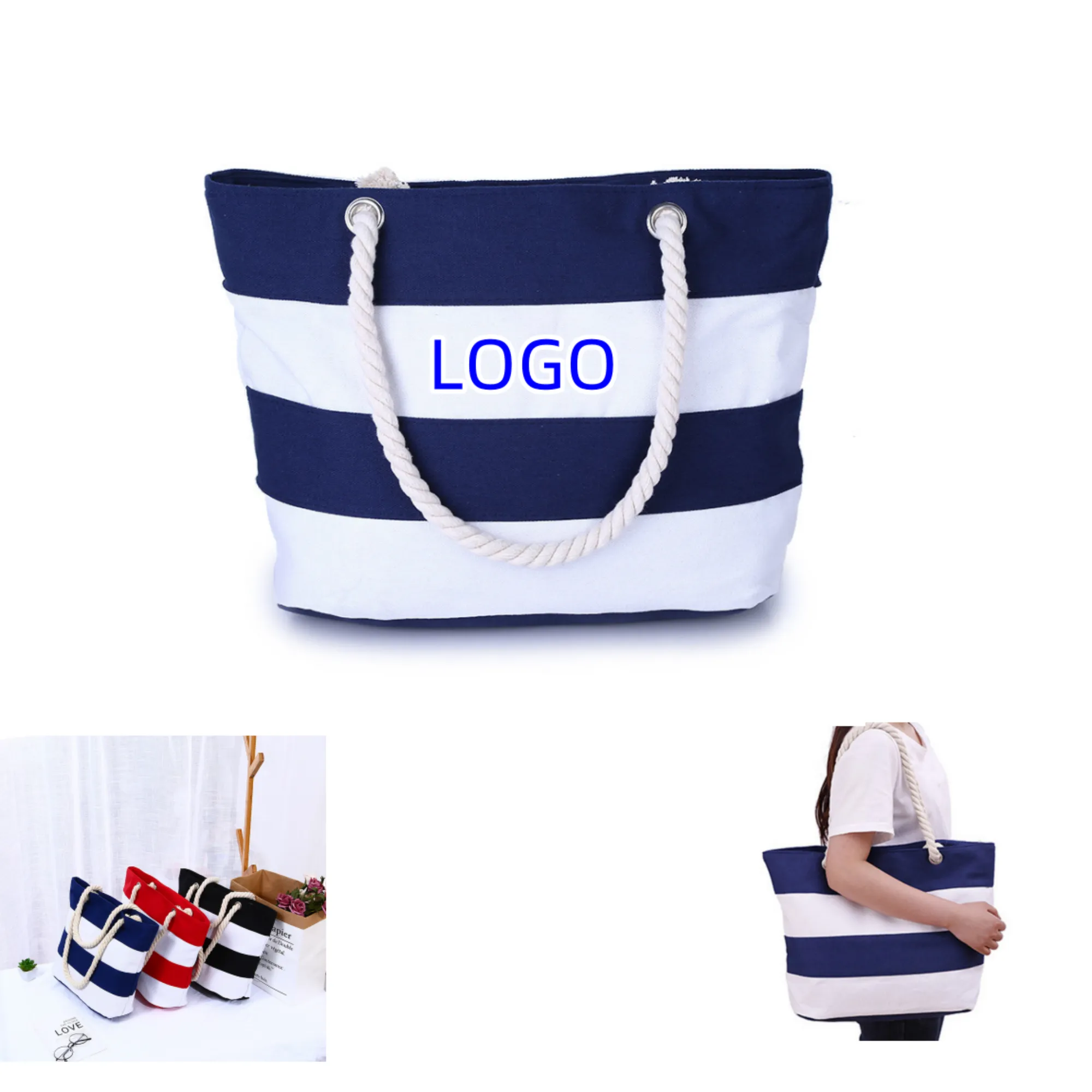 Large Striped Canvas Beach Bag With Cotton Rope Handles, custom tote bag with logo imprint 4
