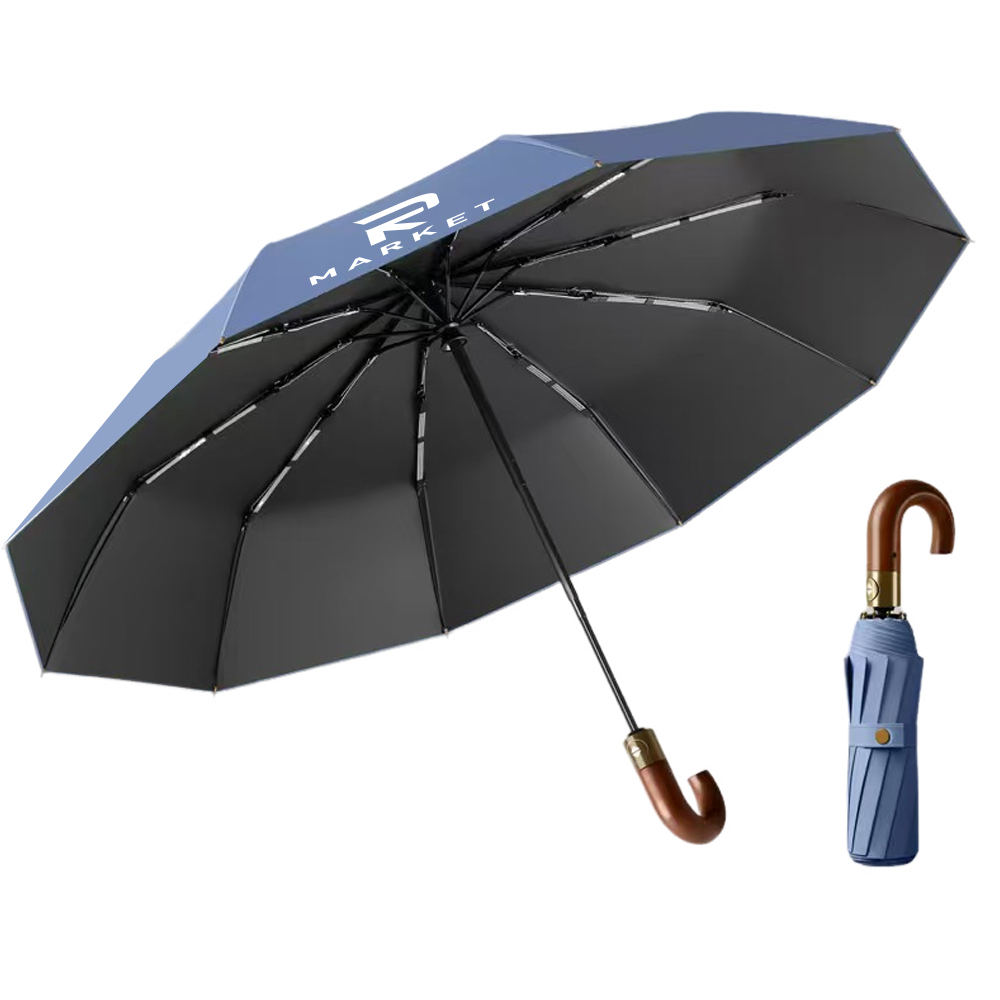 Ergonomic Solid Wood Handle Auto-Folding Umbrella 3