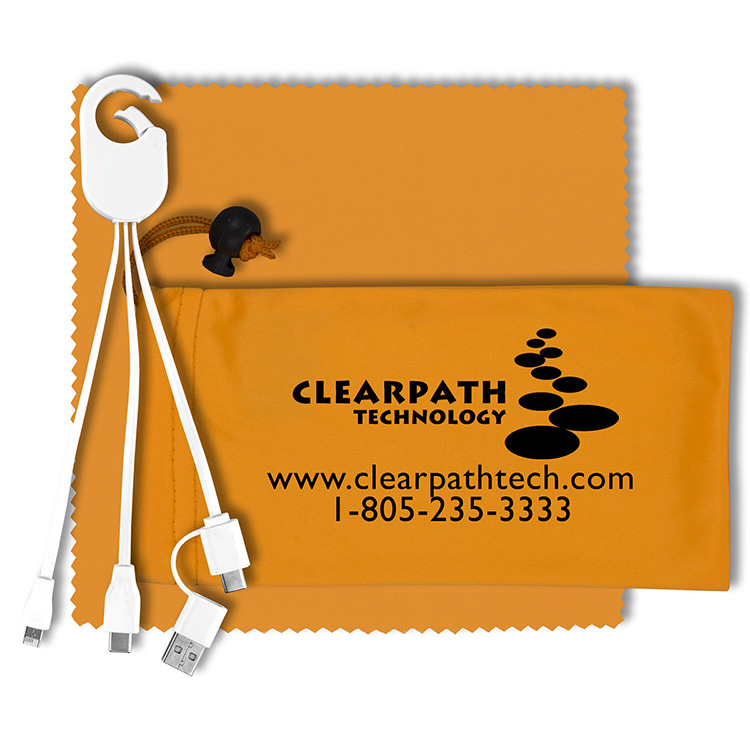 "RECHARGE PACK" Mobile Tech Charging Cable Kit in Microfiber Cinch Pack Components 8