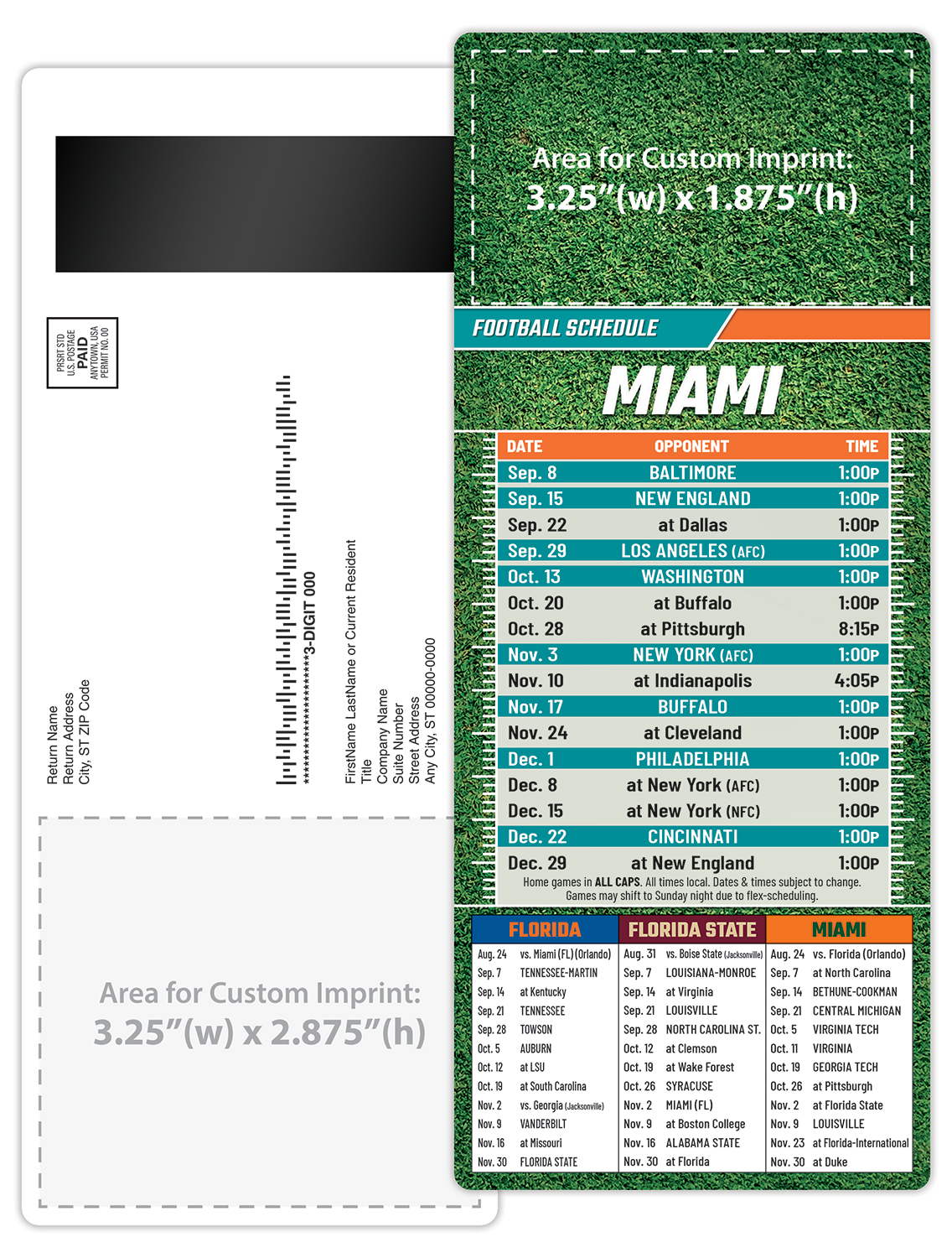 Football Schedule Laminated Card/Postcard with Magnet Strip 3.5x8.5 - 14 pt. 1