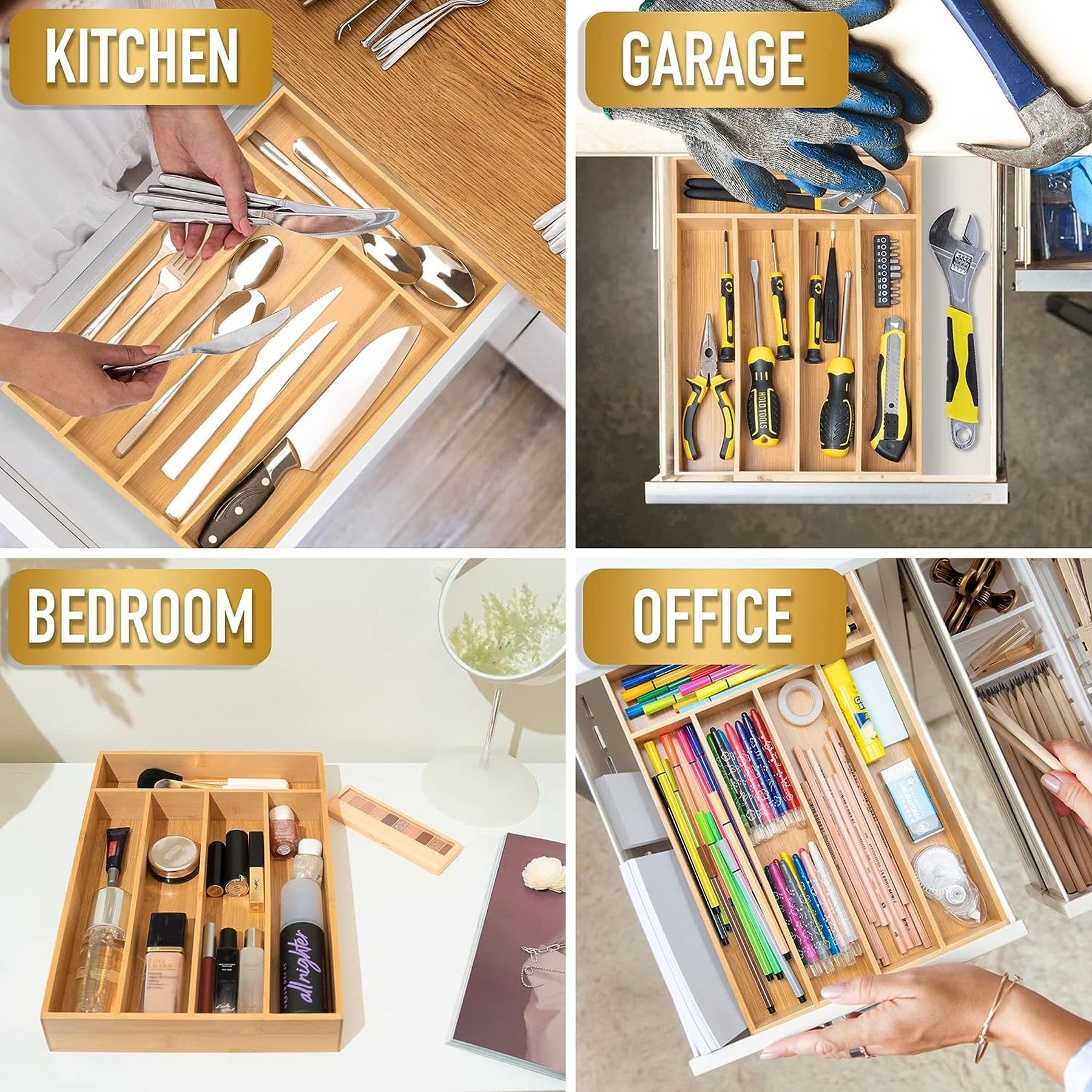 Bamboo Drawer Kitchen Organizer Silverware Holder 7