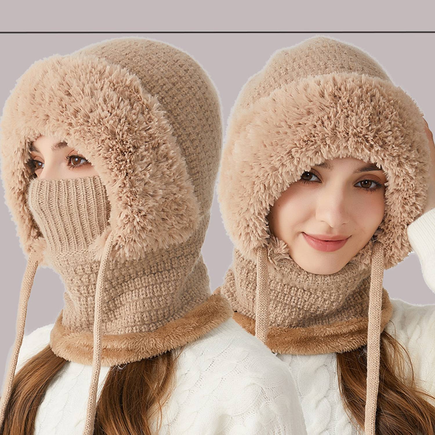 Women Winter Knit Beanie Hat w/ Face Mask 12