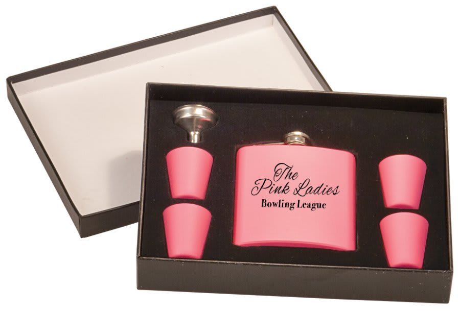 6 oz. Matte Pink Flask Set in Black Presentation Box 2