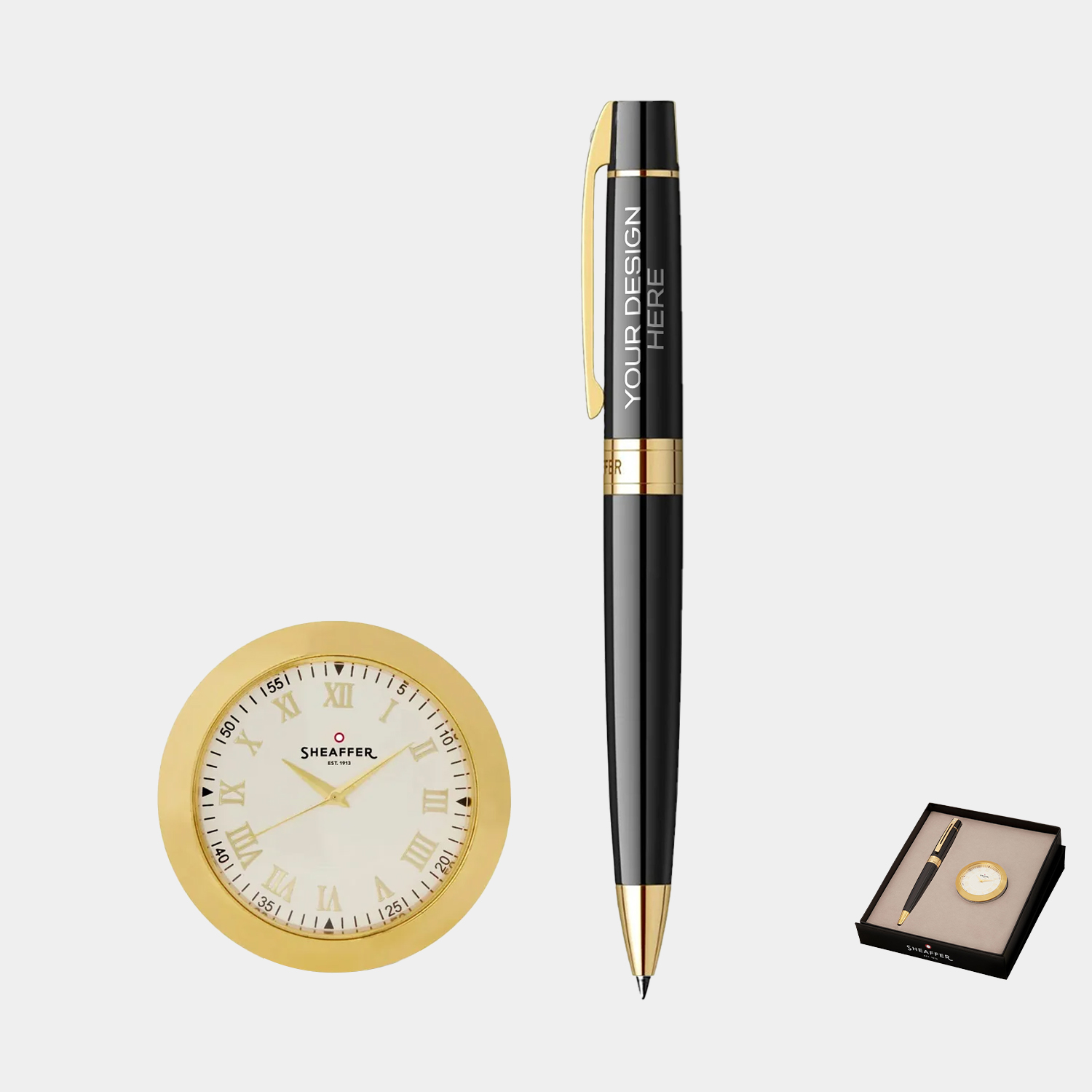 SHEAFFER® Executive Gift Set Glossy Black Gold Trim 300 Ballpoint Pen with Table Clock 1
