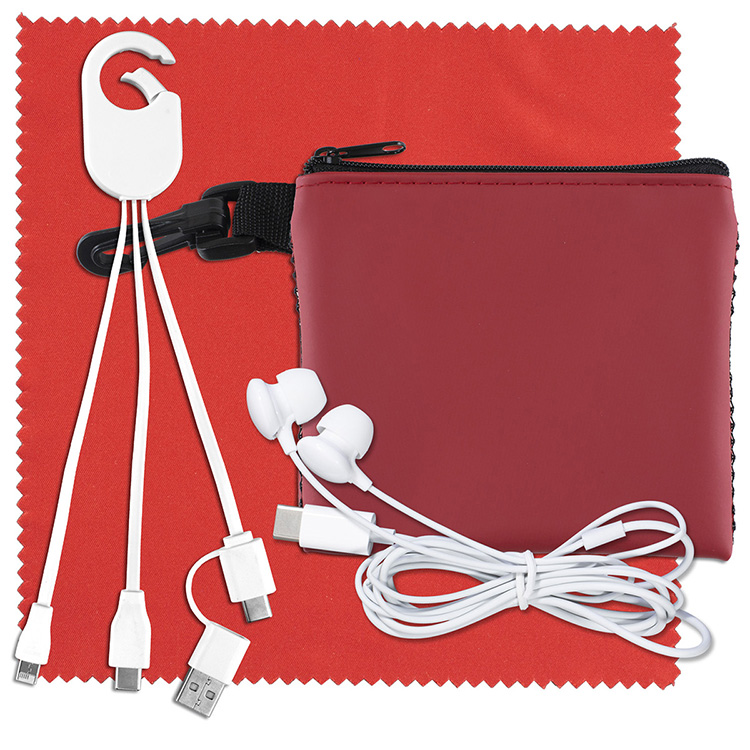 "TechMesh Hang Pro" Mobile Tech Charging Cable Kit in Mesh Zipper Pouch Components inserted into Zip 6