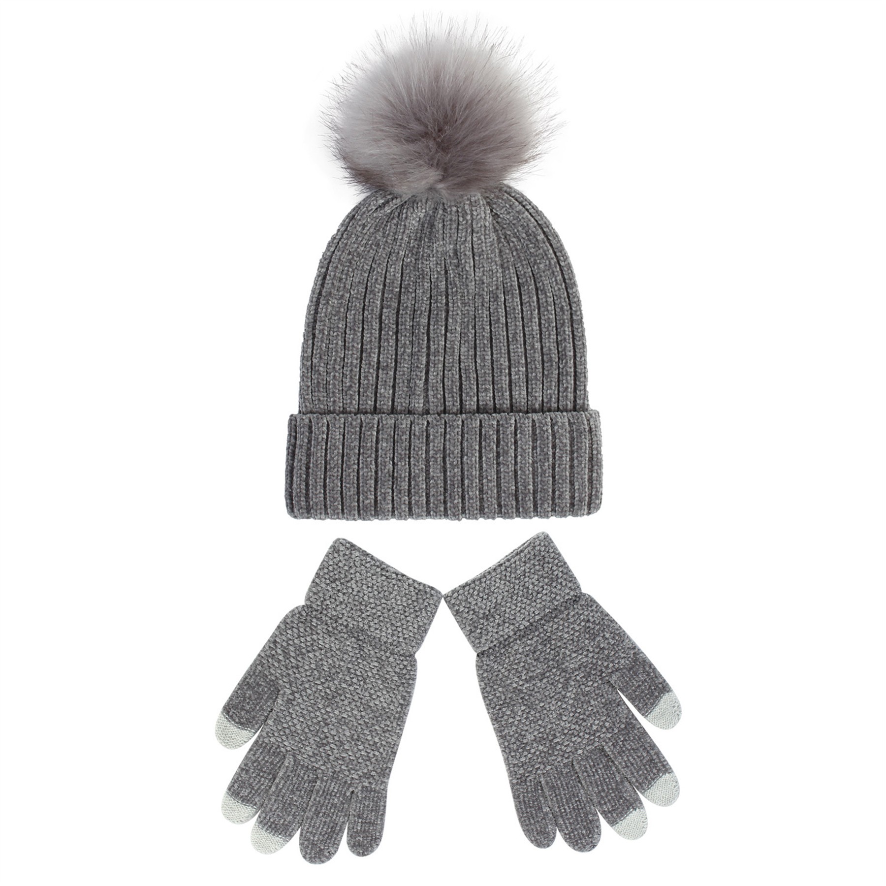 2PCS Chenille Pom Pom Beanie Gloves Set 8