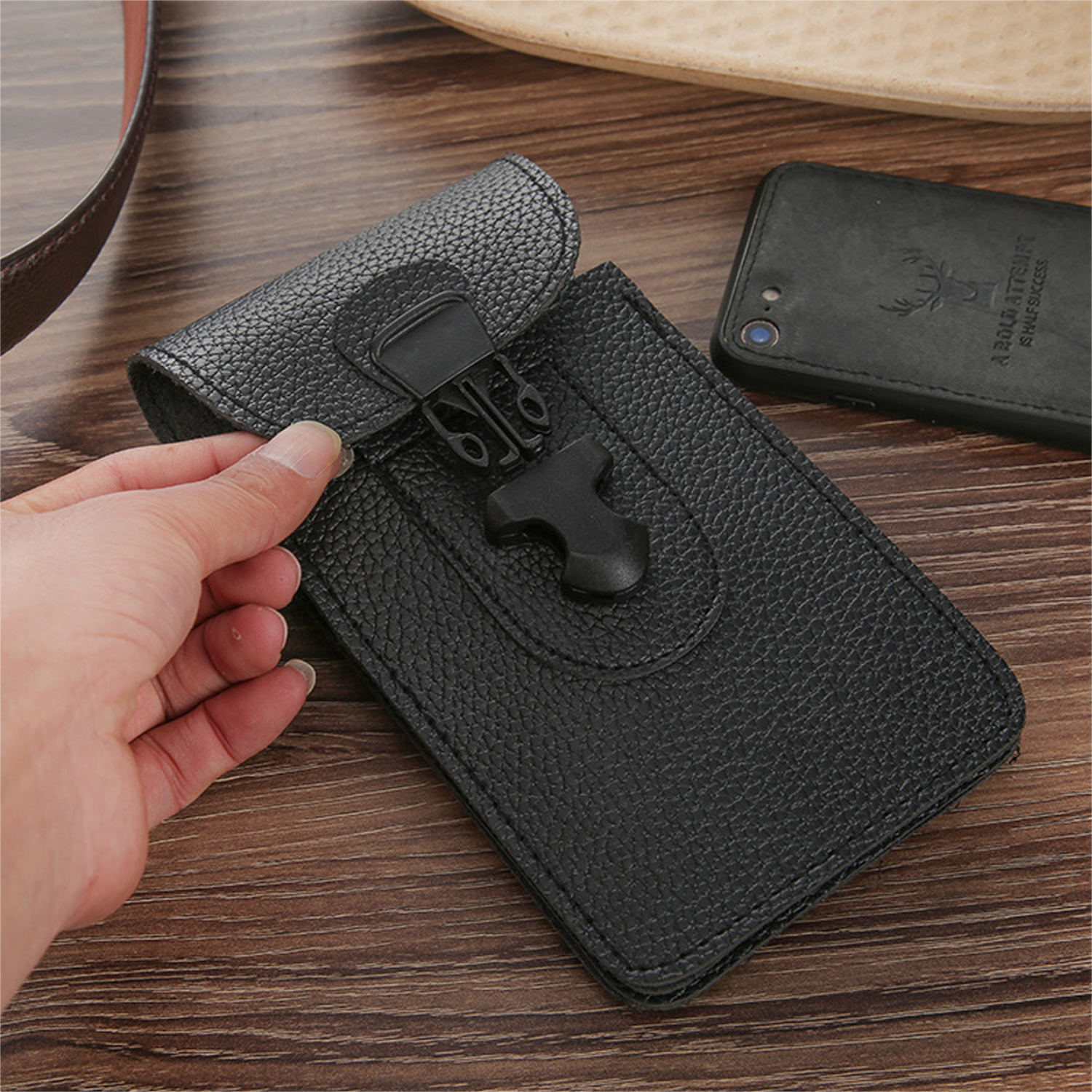 PU Leather Vertical Phone Waist Bag w/ Carabiner 2