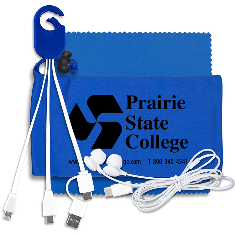 Mobile Tech Charging Kit with Earbuds in Microfiber Cinch Pouch Components inserted into Microfiber 6