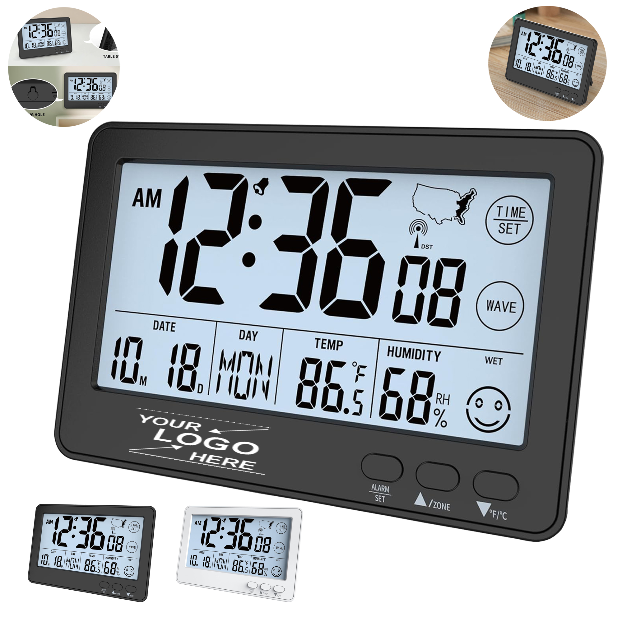 Multifunctional Atomic Wall Desk Clock with Auto Time Sync, Temperature Humidity Display, Backlight. 2