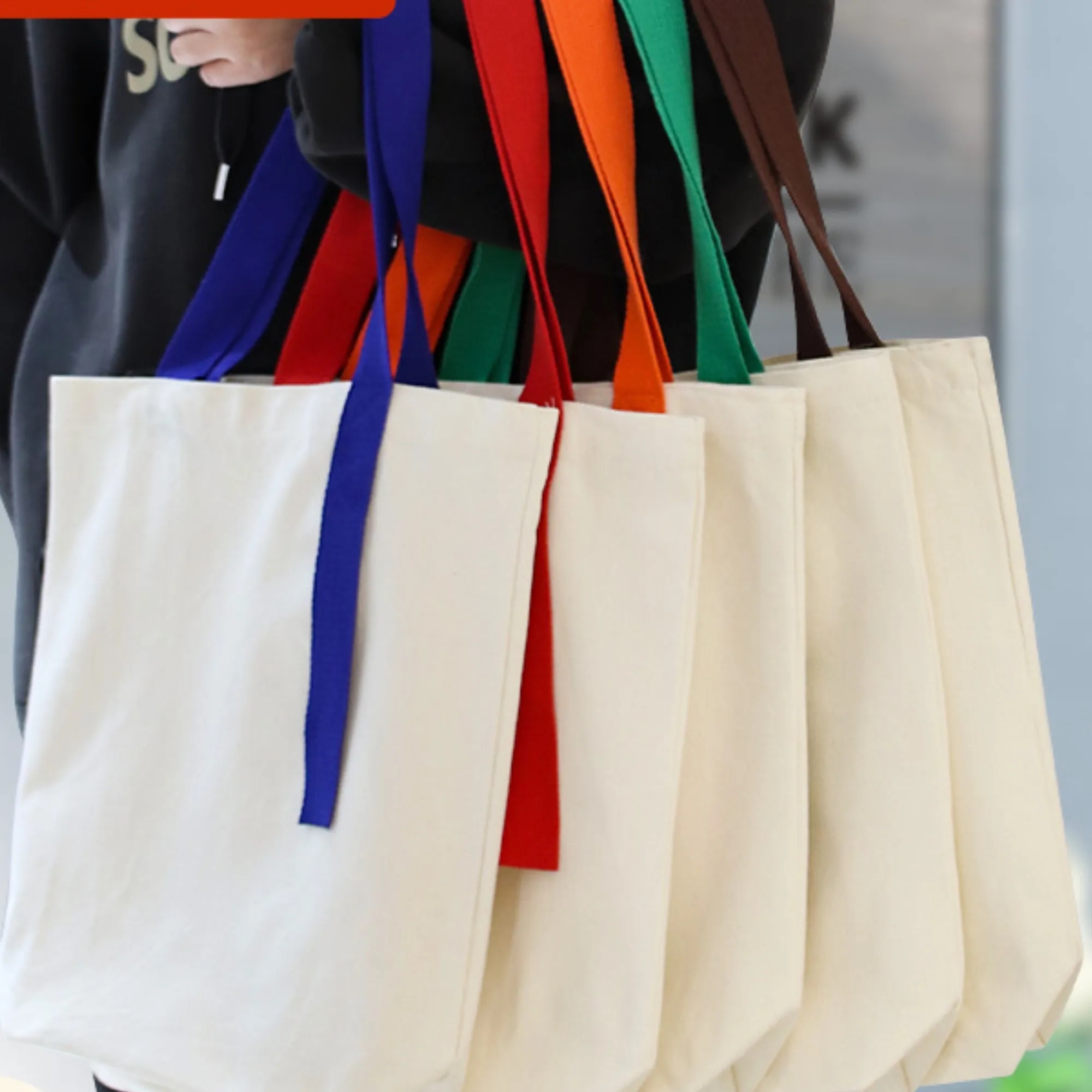 Grocery Canvas Tote Bag With Colored Handles, custom tote bag with logo imprint 2