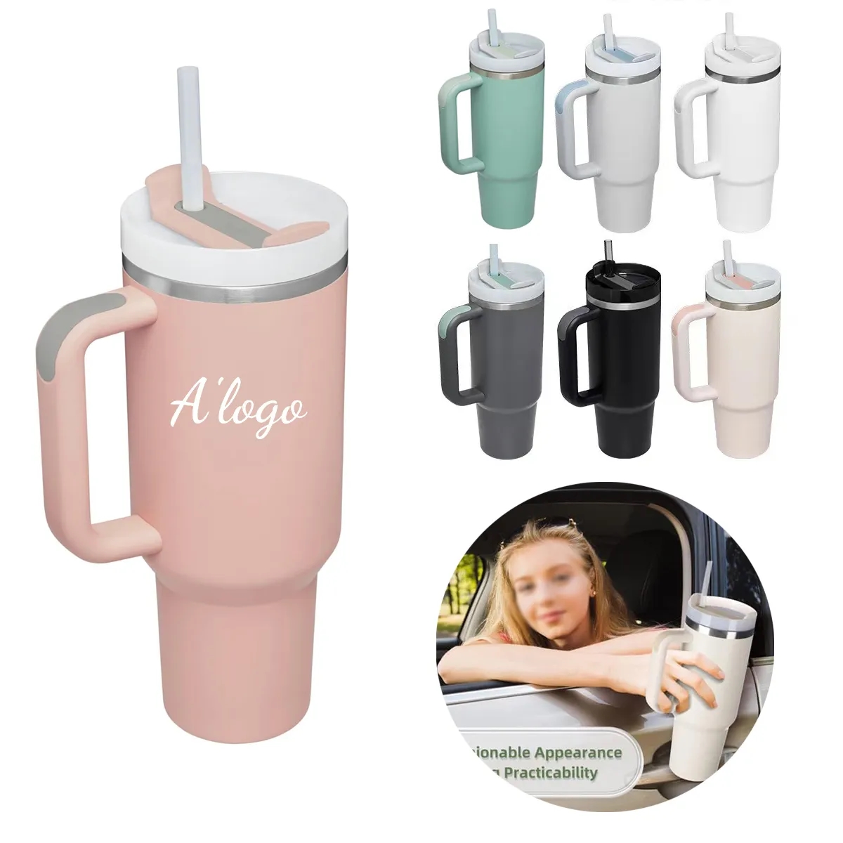 30oz Insulated tumbler with Handle and Straw Lid 4