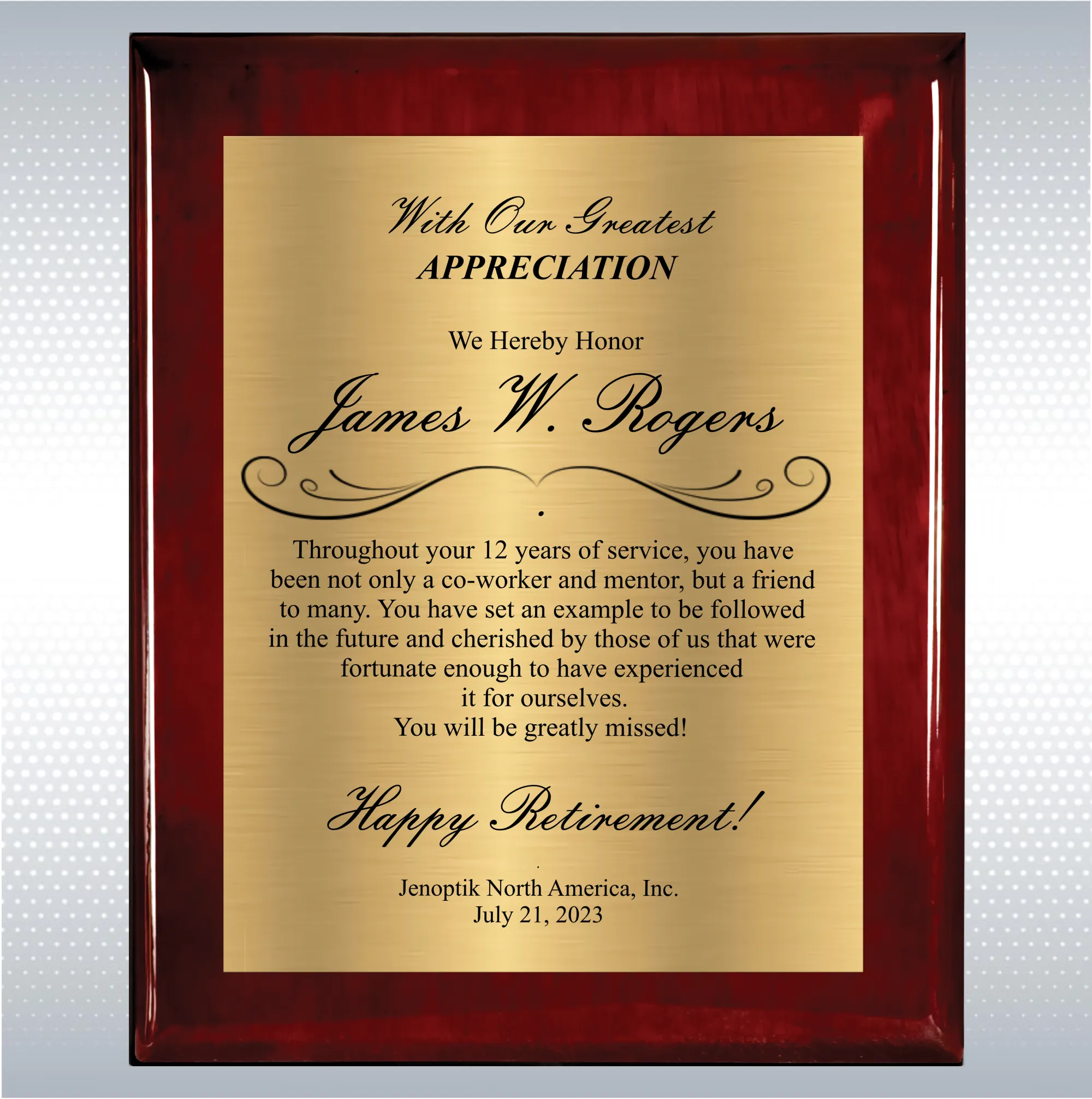 Rosewood Piano Finish Wood Plaque Retirement Gift Award 12