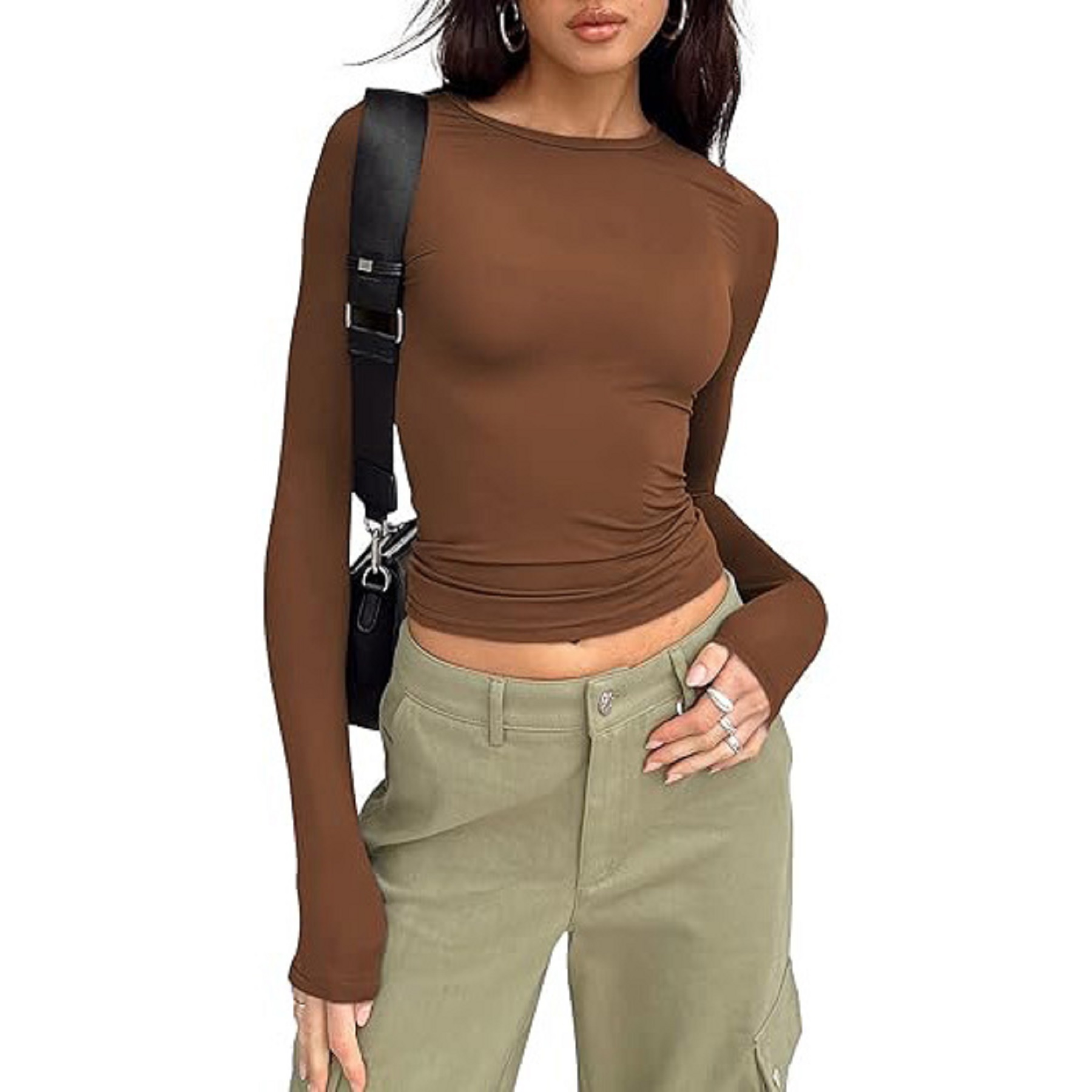 Women's Long Sleeved Shirt Basic Crop Top Tight Fit 4