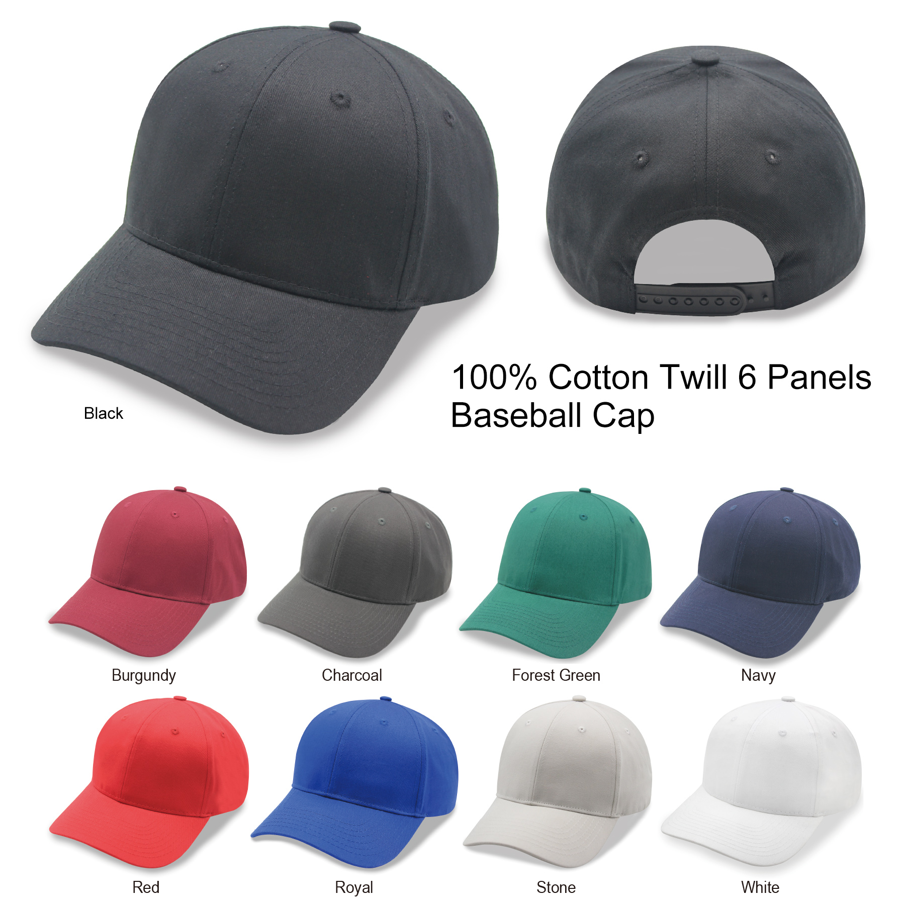 Baseball Cap 6 Panels Snapback 100 Cotton Twill Constructed