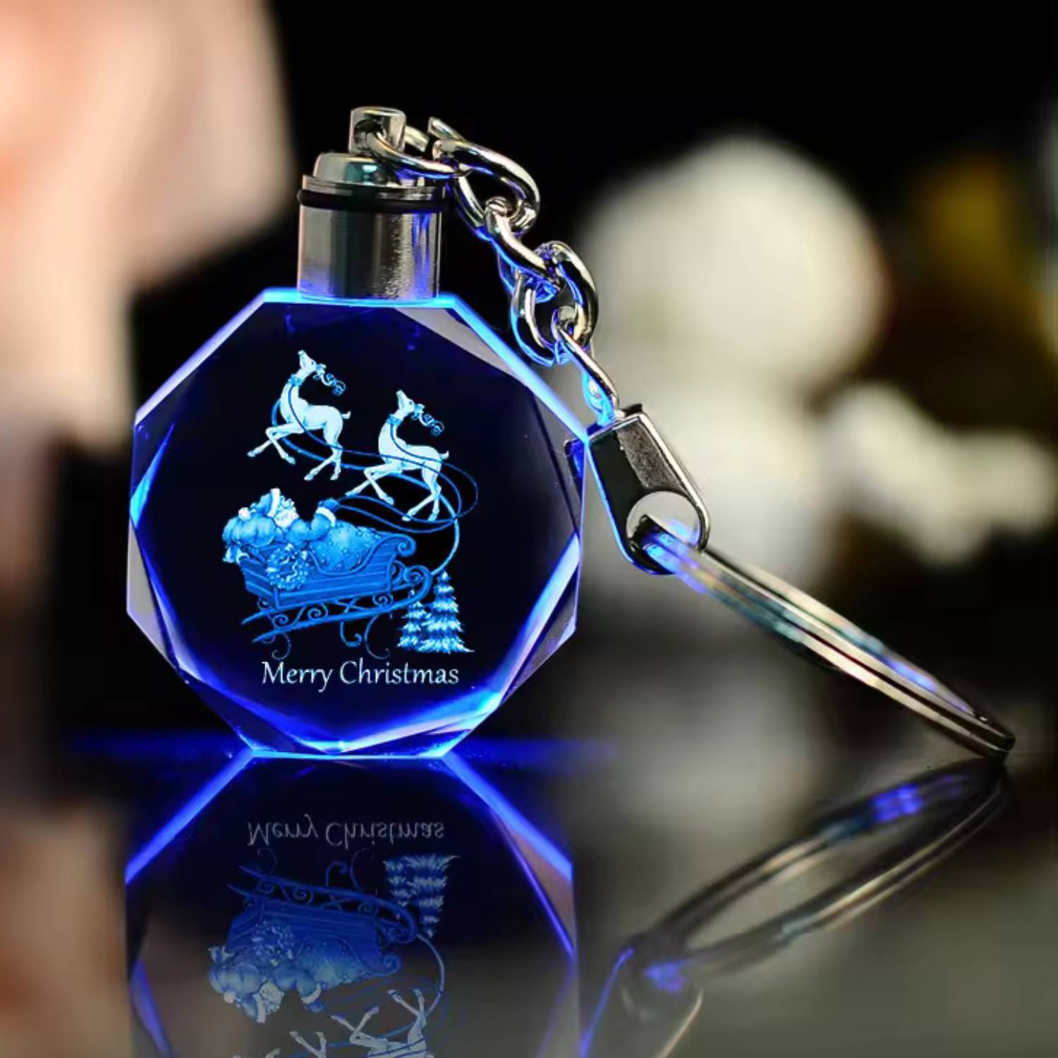 Octagon Shaped LED Light Crystal Keychain 3