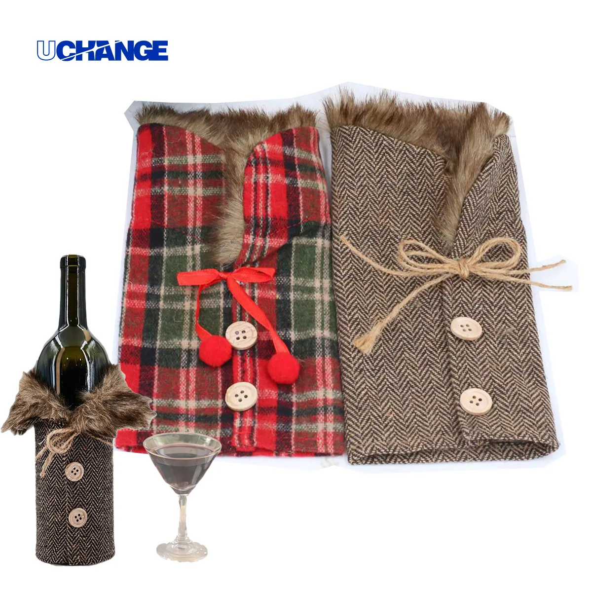 Plush Holiday Wine Bottle Cover With Faux Fur Trim 4