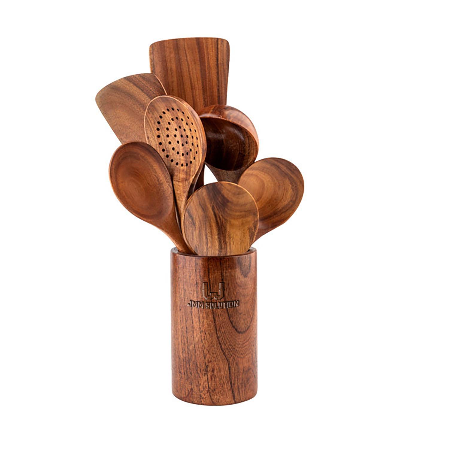 9 Piece Natural Teak Wooden Kitchen Utensil Set with Holder 3