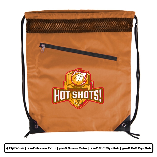 Mesh-Top Polyester Drawstring Bag w/ Slant-Zip Pocket w/ 2