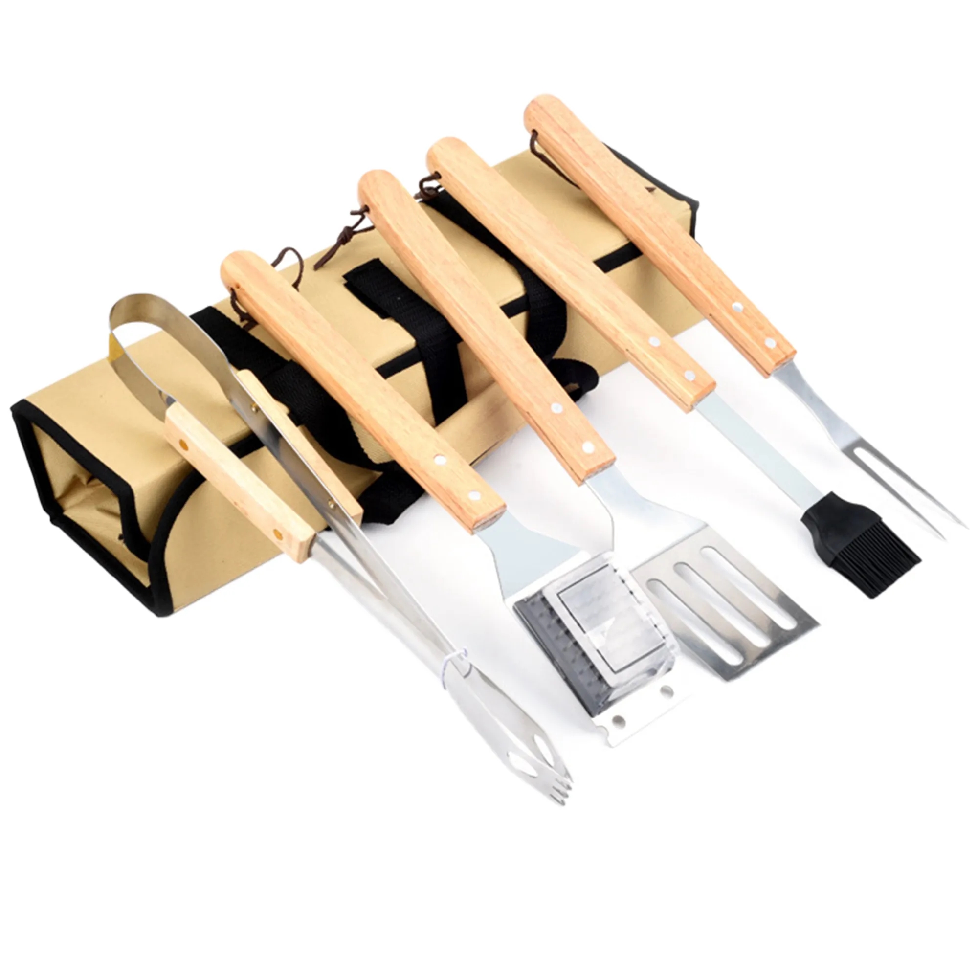 5 pcs Wood BBQ Tools Set With Bag 5