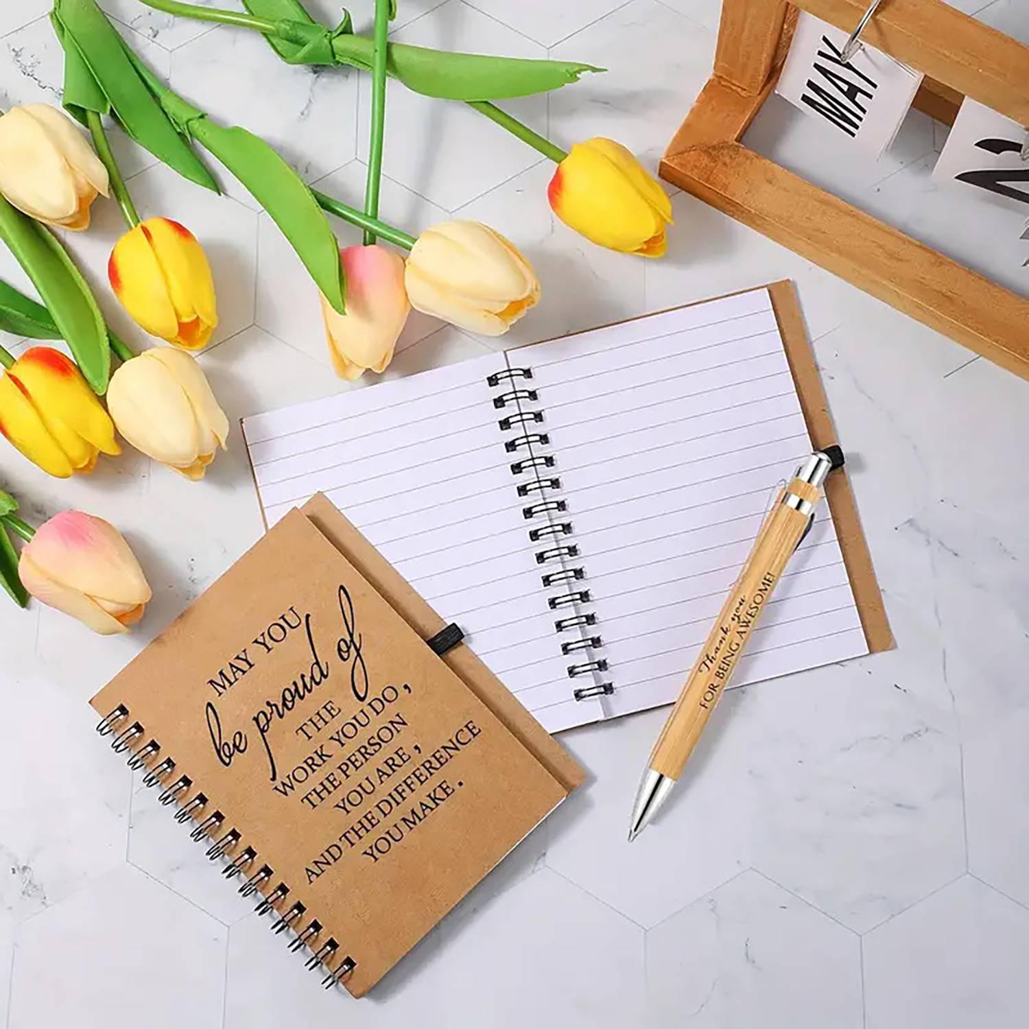Natural Bamboo Pen And Spiral Notebook Set 5