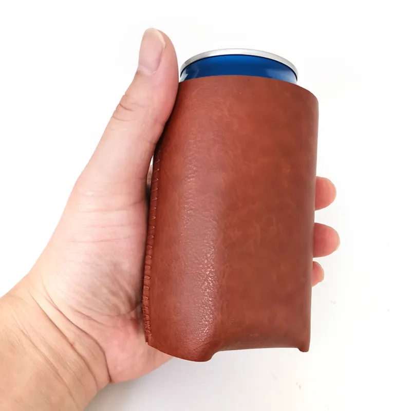 PU Leather Can Cooler Sleeve – Foldable Beverage Holder for Cans & Bottles, custom koozie with logo imprint 9