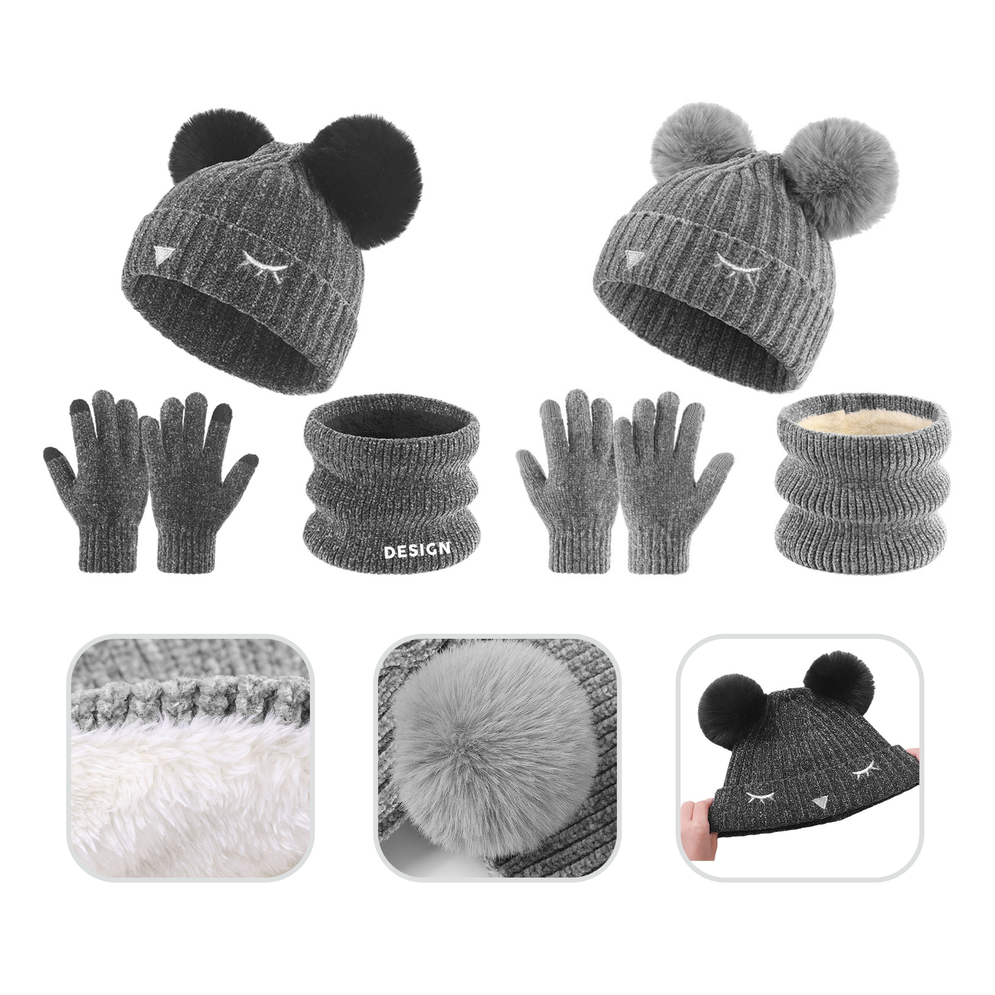 3Pcs Kids Winter Cute Warm Hat Gloves Scarf Set 1