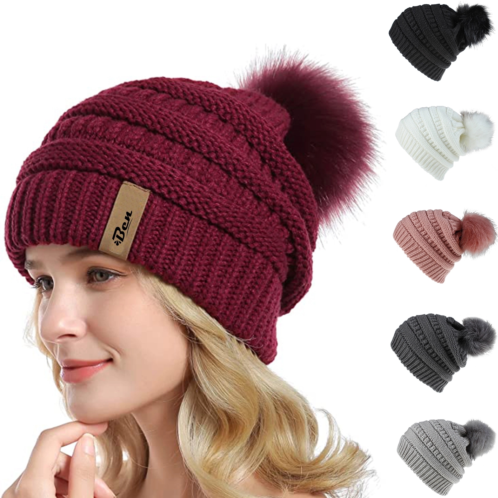 Custom Knitted Multiple Color Blend Pompom Beanie Winter Hat 7