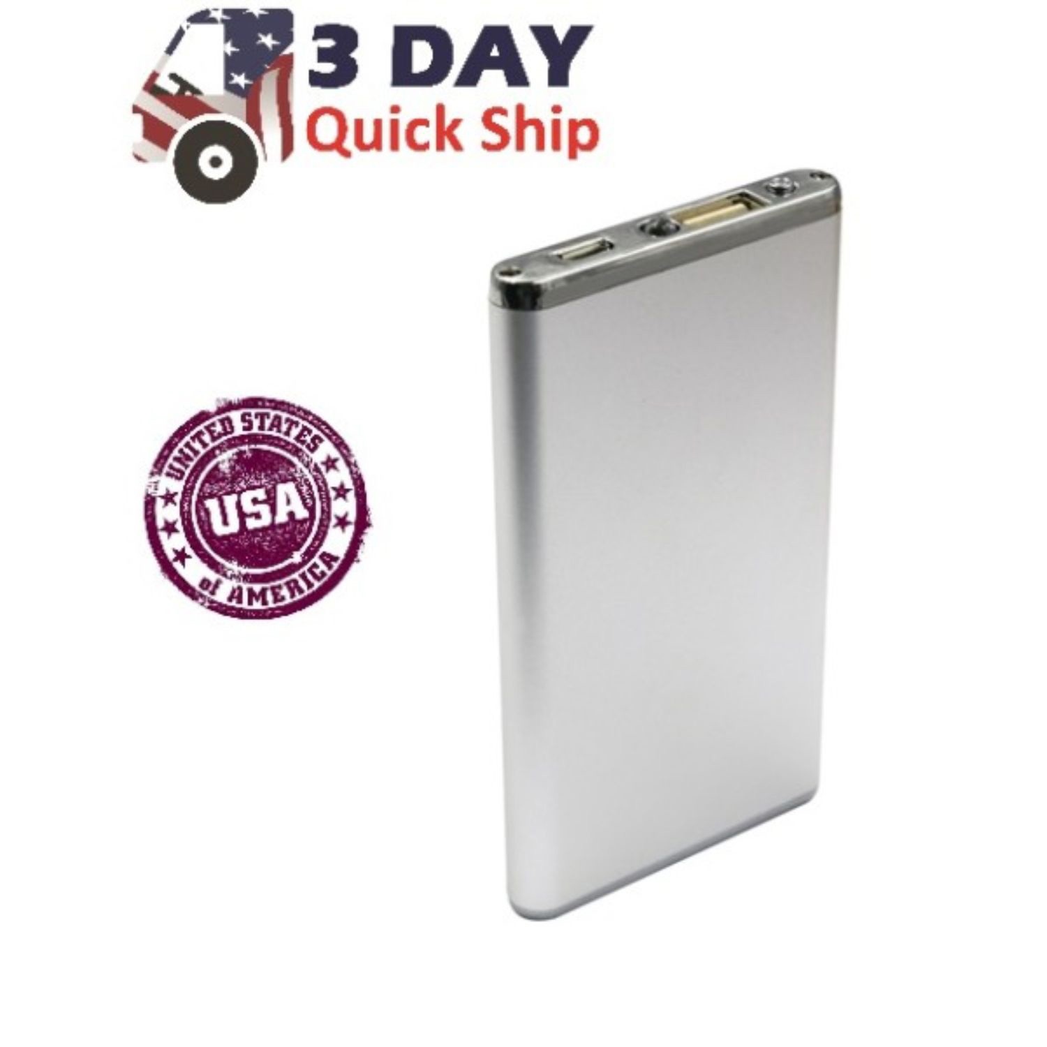 Proton Aluminum USA Decorated 3000 mAh High Capacity Power Bank with Cable