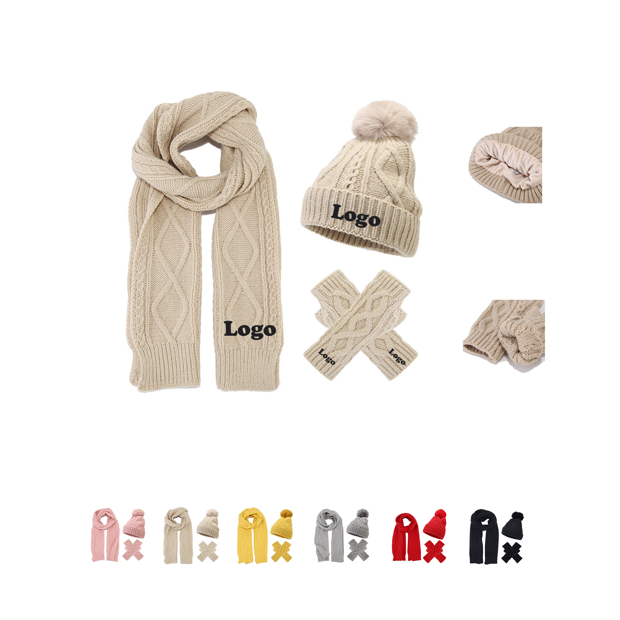 3Pcs Knit Long Winter Scarf Touch Screen Gloves Se 4