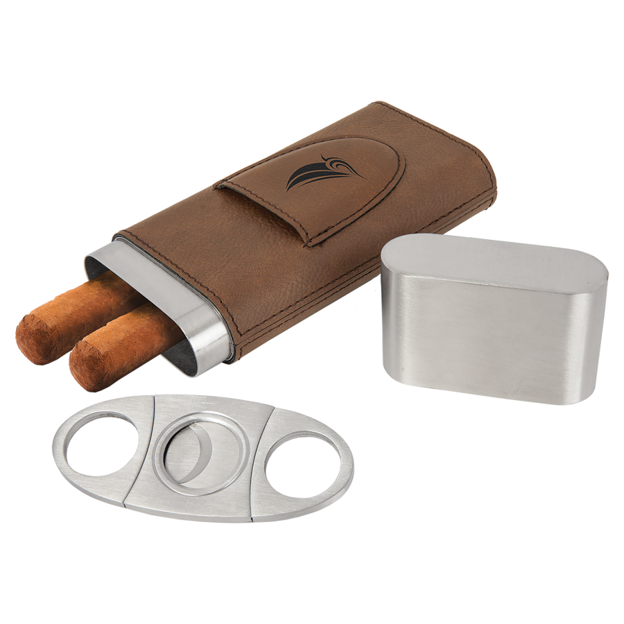 Dark Brown Leatherette Cigar Case with Cutter 2