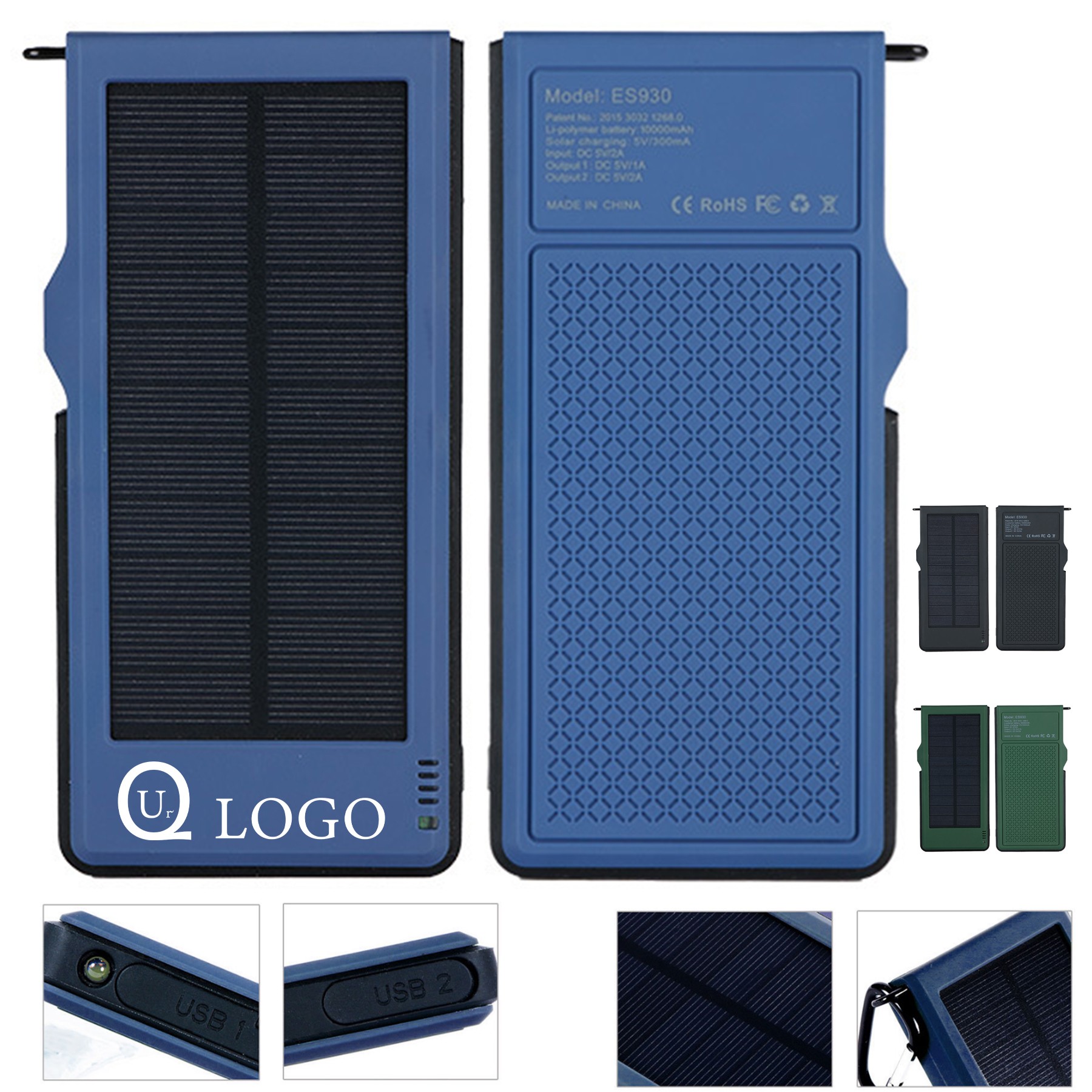 10000Mah Solar Power Bank Flashlight W/Carabiner