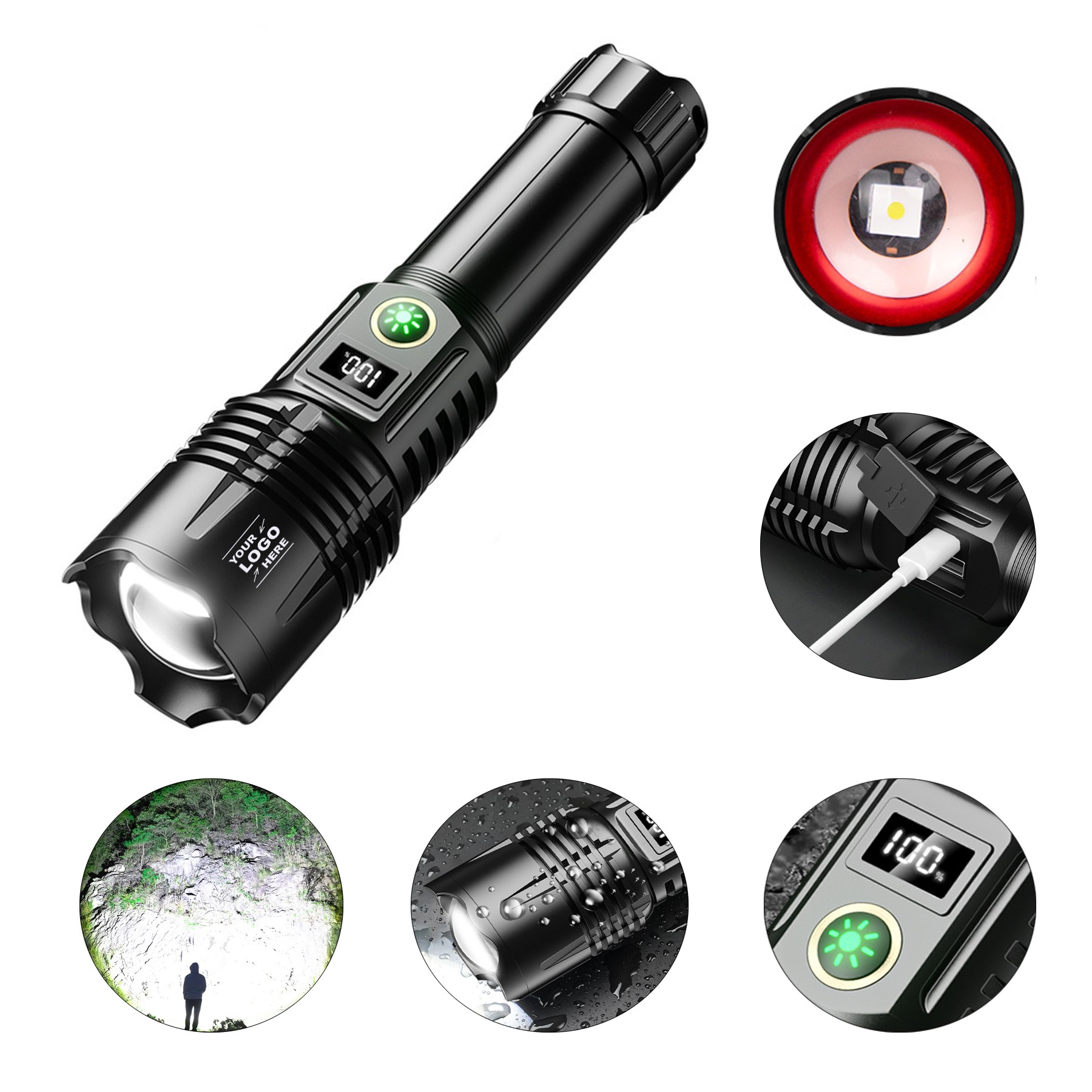 Zoomable Powerful LED Flashlight With Digital Display