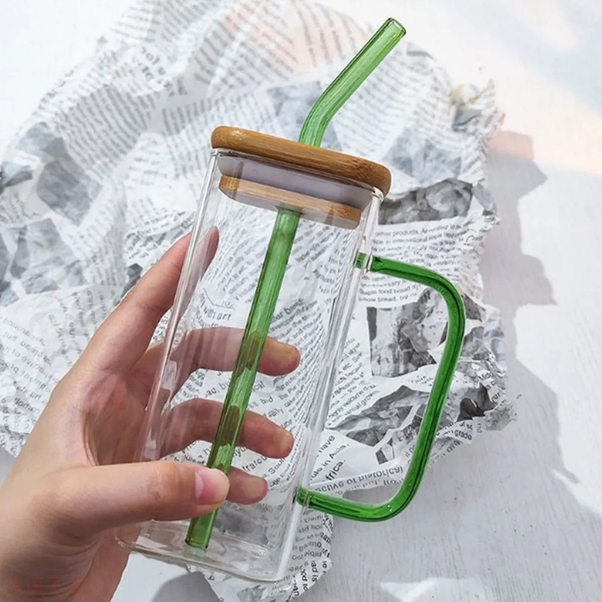 13.5OZ.Water Beverage Clear Glass Cups Pot w/Straw&Lid 9